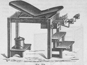 Mesa de exploración gincologica del siglo XIX. Grabado
